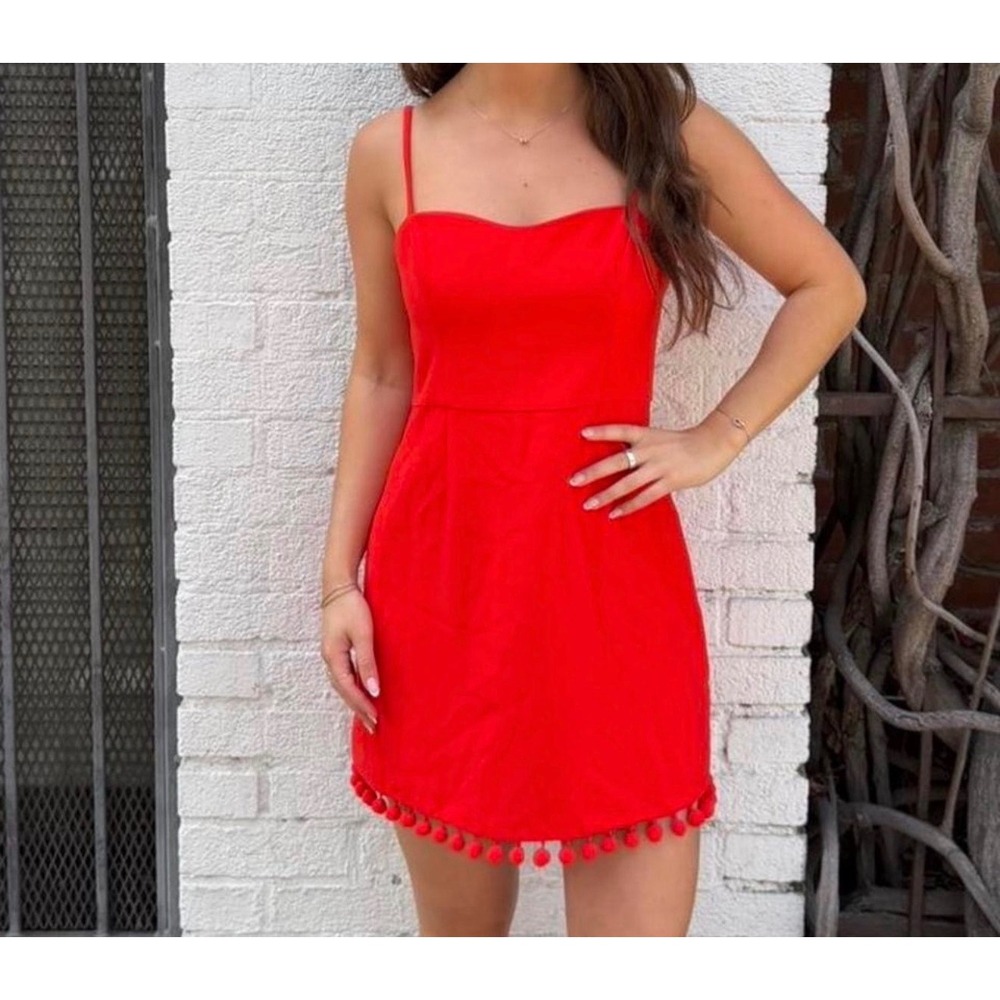French Connection Pom Pom Trim Mini Dress Coquette Boho Flirty‎ Red Womens 10